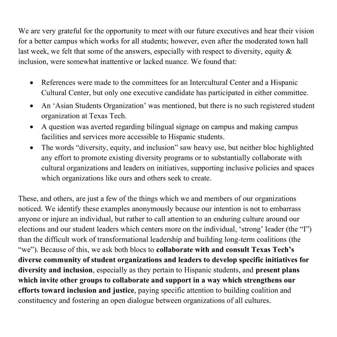 TTUSILC's tweet photo. we also want to thank @hss_ttu and @HispCaucusTTU for their effort in organizing last week’s townhall - you did excellent, and your commitment to this community is greatly cherished. https://t.co/asAfbeJDdH