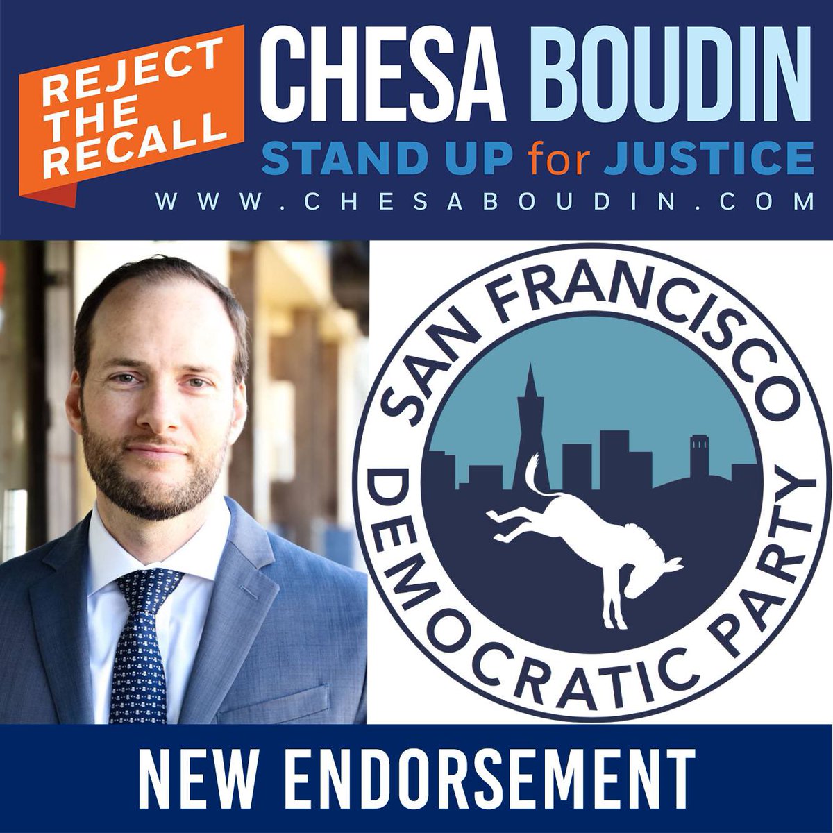chesaboudin's tweet photo. I’m very excited to announce our official endorsement by the @SFDemocrats , after the body resoundingly voted to opposed my recall last night. With the Democratic Party, and a diverse coalition of supporting organizations by our side, we will #DefeatTheRepublicanRecall https://t.co/x2GokDMjf2