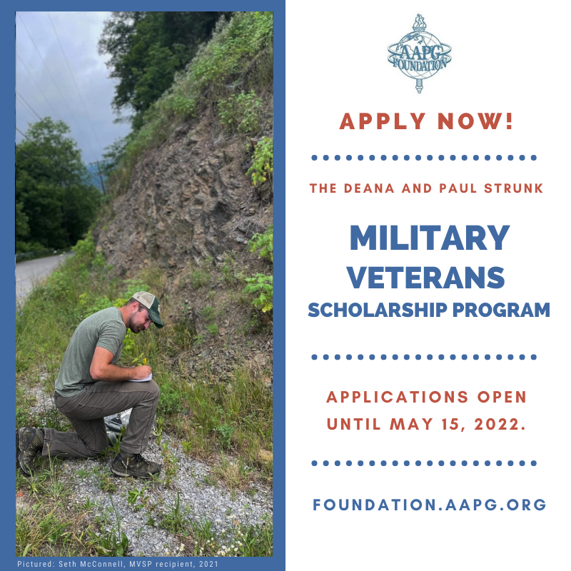 Applications open! AAPG Foundation Deana and Paul Strunk Military Veterans Scholarship Program awards scholarships to active and honorably discharged veteran members of the U.S. military. Military dependents (spouses, children) are eligible. 
Learn more: foundation.aapg.org.