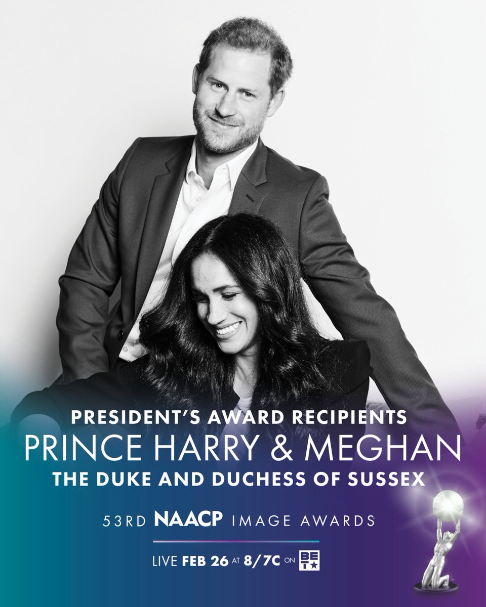 The 53rd #NAACPImageAwards will honor humanitarians, global leaders, and co-founders of Archewell, Prince Harry and Meghan, The Duke and Duchess of Sussex, with the prestigious President's Award.
 
Tune in Saturday, Feb 26 8/7c on BET.
#OurStories #OurCulture #OurExcellence