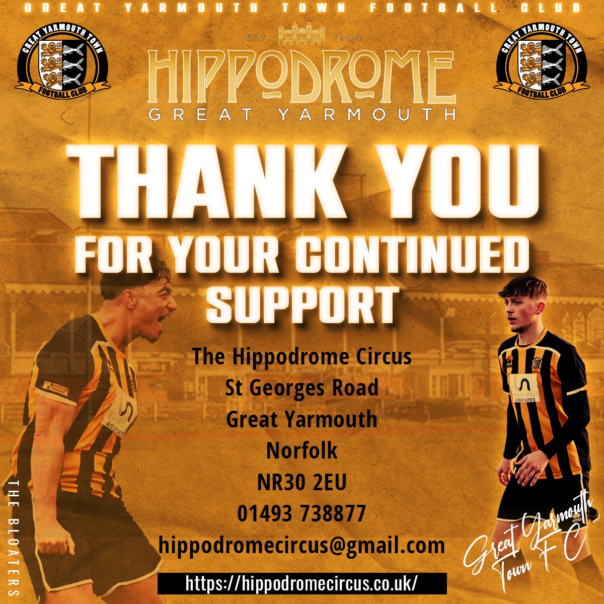 We would like to thank our main stand sponsor, The Hippodrome Circus <a href="/hippodromeGY/">HIPPODROME CIRCUS</a> for their support.
The historic Hippodrome Circus in Great Yarmouth is britains only surviving total circus building. The Jay family continue to produce world class shows all year round.⚽️🧡🖤
