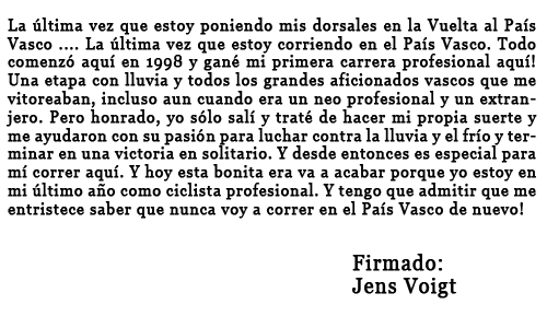 amantes_cycling's tweet photo. Esta fue la carta que Jens Voigt dedicó a toda la afición Vasca el año de su retirada antes de su última Itzulia, 2014. https://t.co/lQf750AHQy