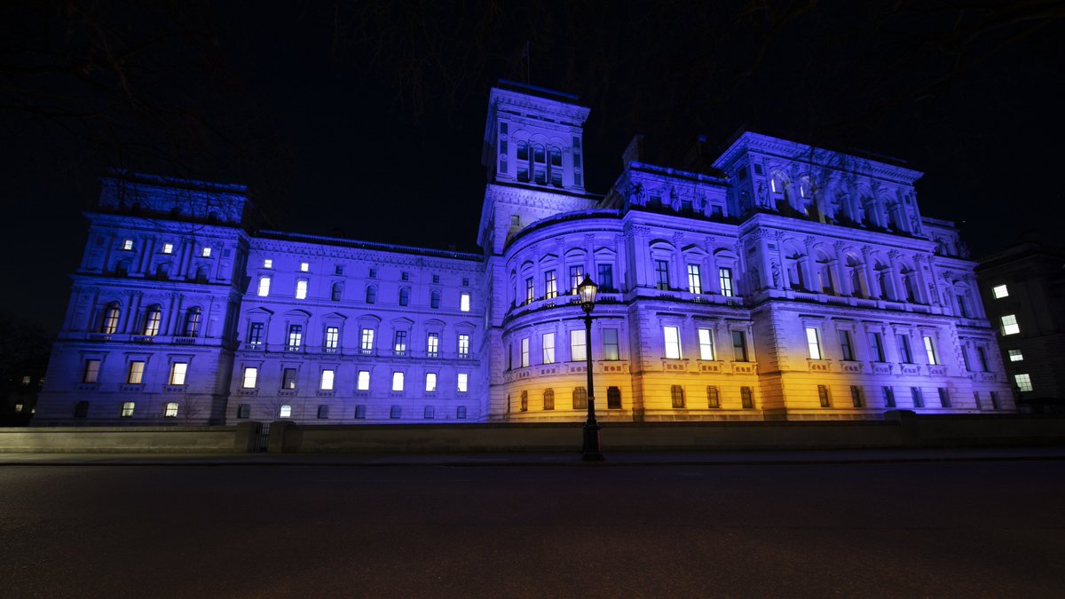 The UK's Foreign, Commonwealth & Development Office lit up in the colours of the Ukrainian flag on 24 February 2022, in solidarity with the people of Ukraine. 