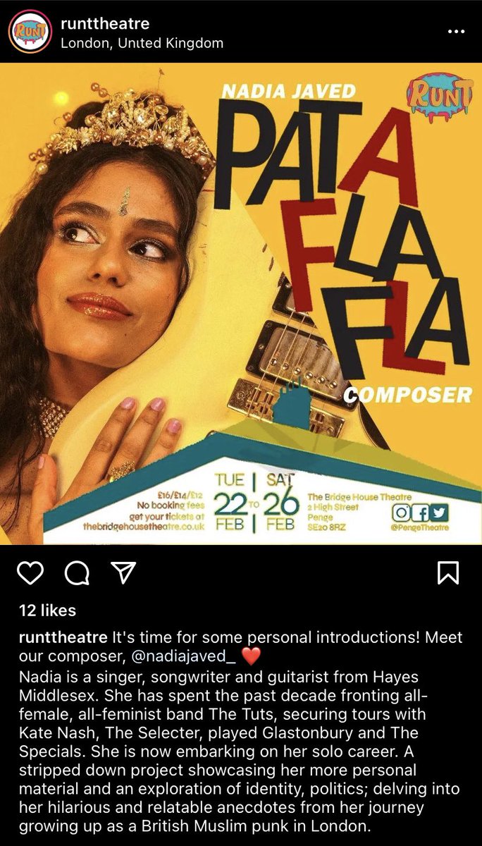 Just been to see PATA FLA FLA at <a href="/PengeTheatre/">The Bridge House Theatre</a> by <a href="/RuntTheatre/">RUNT Theatre</a> &amp; it was brilliant . Huge congrats to the whole team. Well worth the journey! MUSIC BY the superb <a href="/nadiajaved_/">Nadia Javed</a> 👏🏽👏🏽 2 more shows , catch it if you can 🎸🎶🎤
