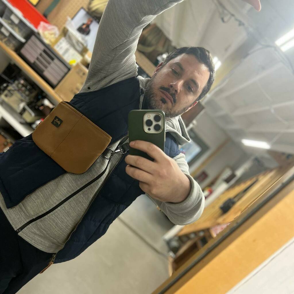 We made this bag with recycled material from @stanrayusa today <a href="/tuckerbloom/">Tucker & Bloom</a>