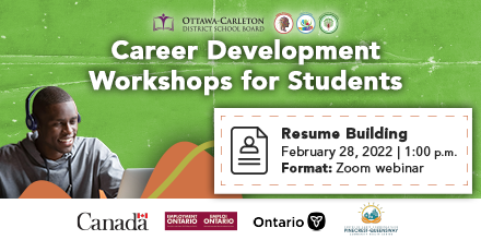 OCDSB's tweet photo. On Monday the OCDSB is hosting a Resume Building webinar, the first session in a series of Career Development Workshops for High School Students. Join us February 28th at 1:00 p.m. to learn more about creating a great resume! Visit our website for details: https://t.co/JHkYnntQag https://t.co/Szwa3jht9Y