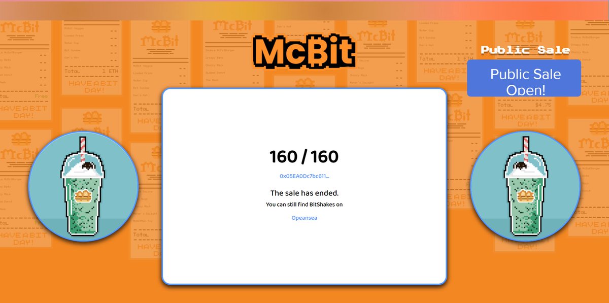 McBitNFT's tweet photo. THANK YOU GUYS FOR AN AMAZING DROP‼️

*SOLD OUT IN LESS THAN 10 MINS*

Congrats to everyone who got their hands on a BitShake, now new McBit locations are set to open across the metaverse 😎 

Orders up! 🍳

OS: https://t.co/Gwtk3bmp75
Discord: https://t.co/00QFwHMuyF

#NFT https://t.co/gKJB28OjUt