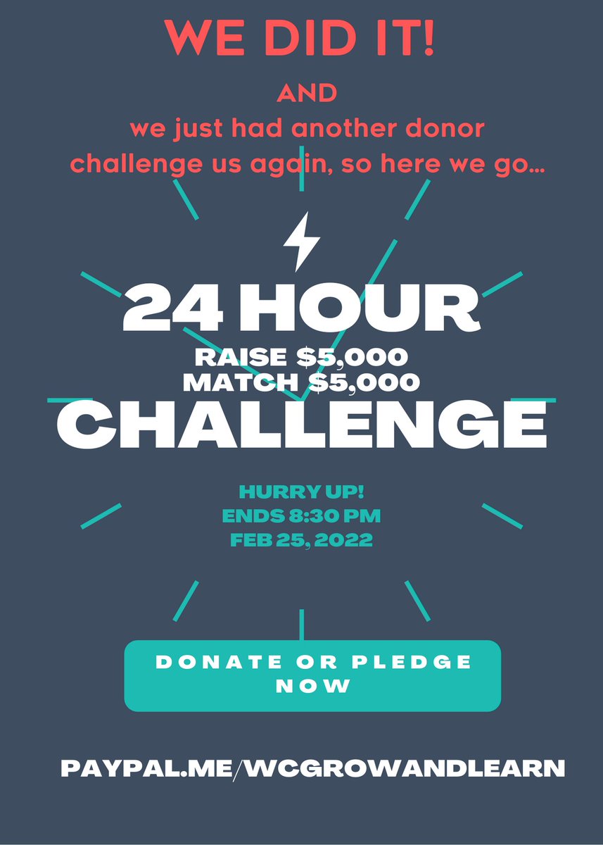 WE DID IT!    And we just had another donor challenge us again, so here goes!  The 24 hour challenge continues on, to get us to the final dollar of the Mabee Challenge. paypal.me/wcgrowandlearn 
#childcare #earlychildhoodeducation #earlylearning #giving #ece