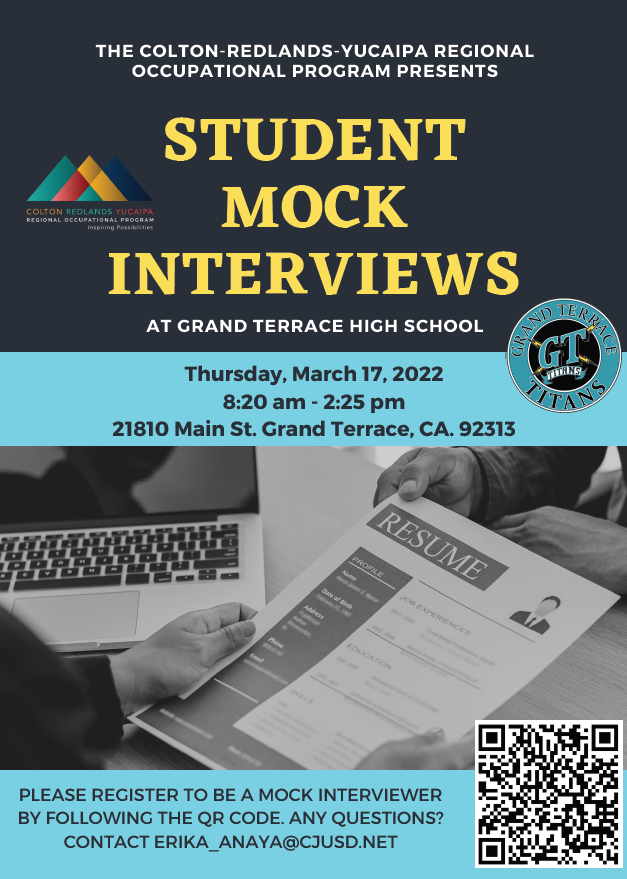 Are you interested in participating in student Mock Interviews at <a href="/GrandTerraceHS/">Titans</a>? Please register to become a mock interviewer and help our ROP students further practice their interview skills on March 17! <a href="/ColtonJUSD/">Colton Joint Unified</a> <a href="/CjusdCte/">CJUSD CTE</a> <a href="/CRYROP/">CRYROP</a>