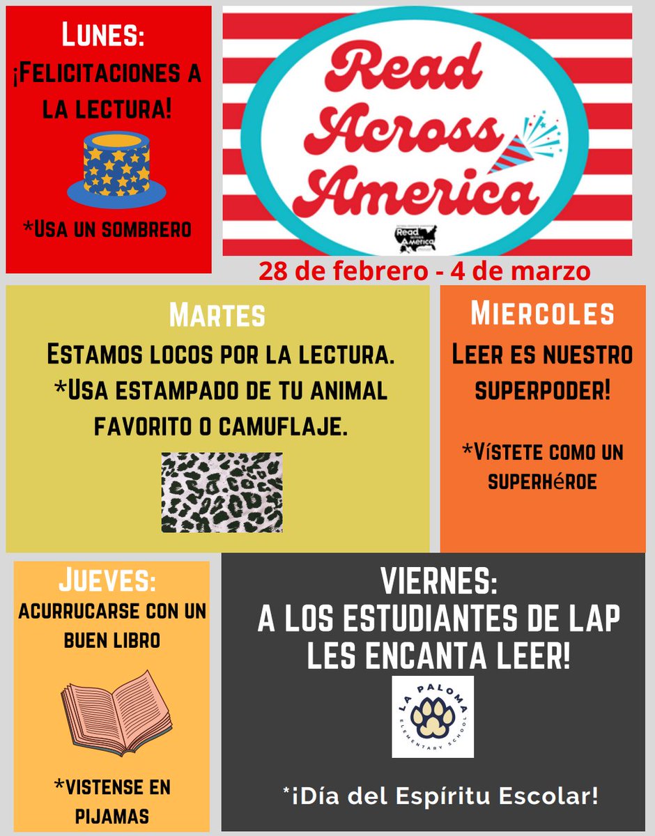 LaPalomaElem's tweet photo. Help us celebrate Read Across America Week! ¡Ayúdanos a celebrar la Semana de la Lectura! #FUESD #lapalomawolves https://t.co/U9ZdCftAqo