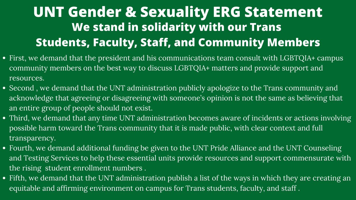untgserg's tweet photo. We of the Gender and Sexuality Employee Resource Group are writing to denounce President Smatresk’s Official Notice sent on 2/22.

Read our full statement at https://t.co/y4Ymif0Q5m
Thank you for your support, @UNeTe1890 @UNTBPN &amp; #UNT White Accountability Group
#TransLivesMatter https://t.co/6vdubfrVpw