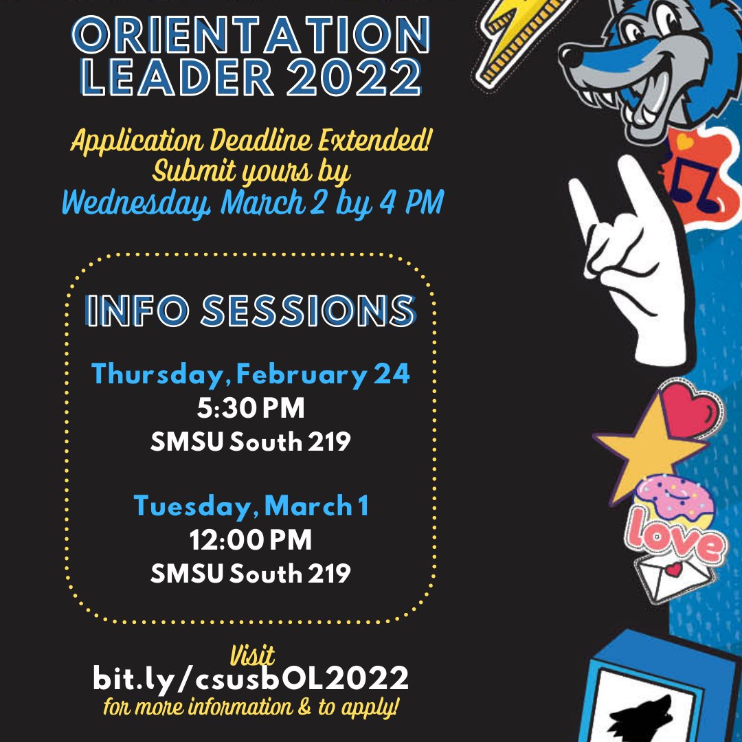 We have another Orientation Leader information session this evening! Please join us in <a href="/CSUSB_SMSU/">CSUSB Student Union</a> South 219 (Board Room) to learn about being part of an amazing team this summer! ☀️ #CSUSB <a href="/CSUSBNews/">CSUSB</a> #CSUSBOrientation