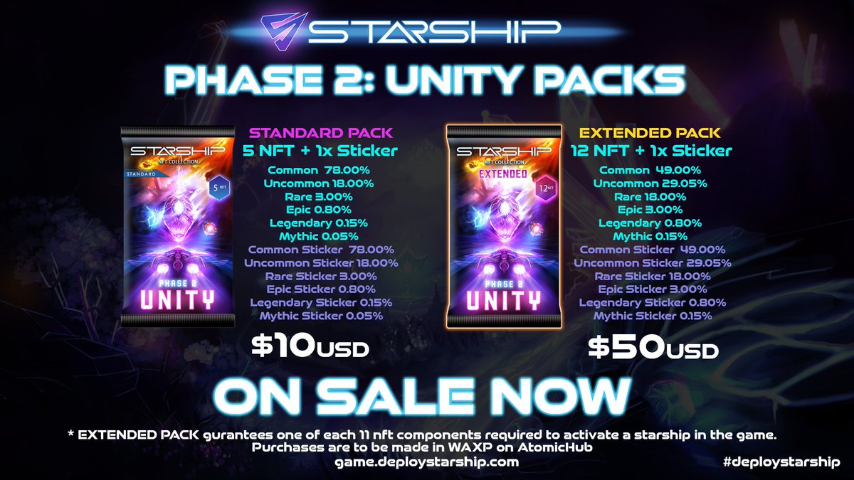 DeployStarShip's tweet photo. The StarShip #NFTGame Phase 2: Unity Packs are on sale!

From the new stickers, to a chance at a mythic, these packs will definitely upgrade some players! 

Stay tuned for more info on #StarShipPhase2!

Purchase your packs now: https://t.co/HWJpgBi8Da

#DeployStarShip #GameFi https://t.co/vJYEFi2eZ0