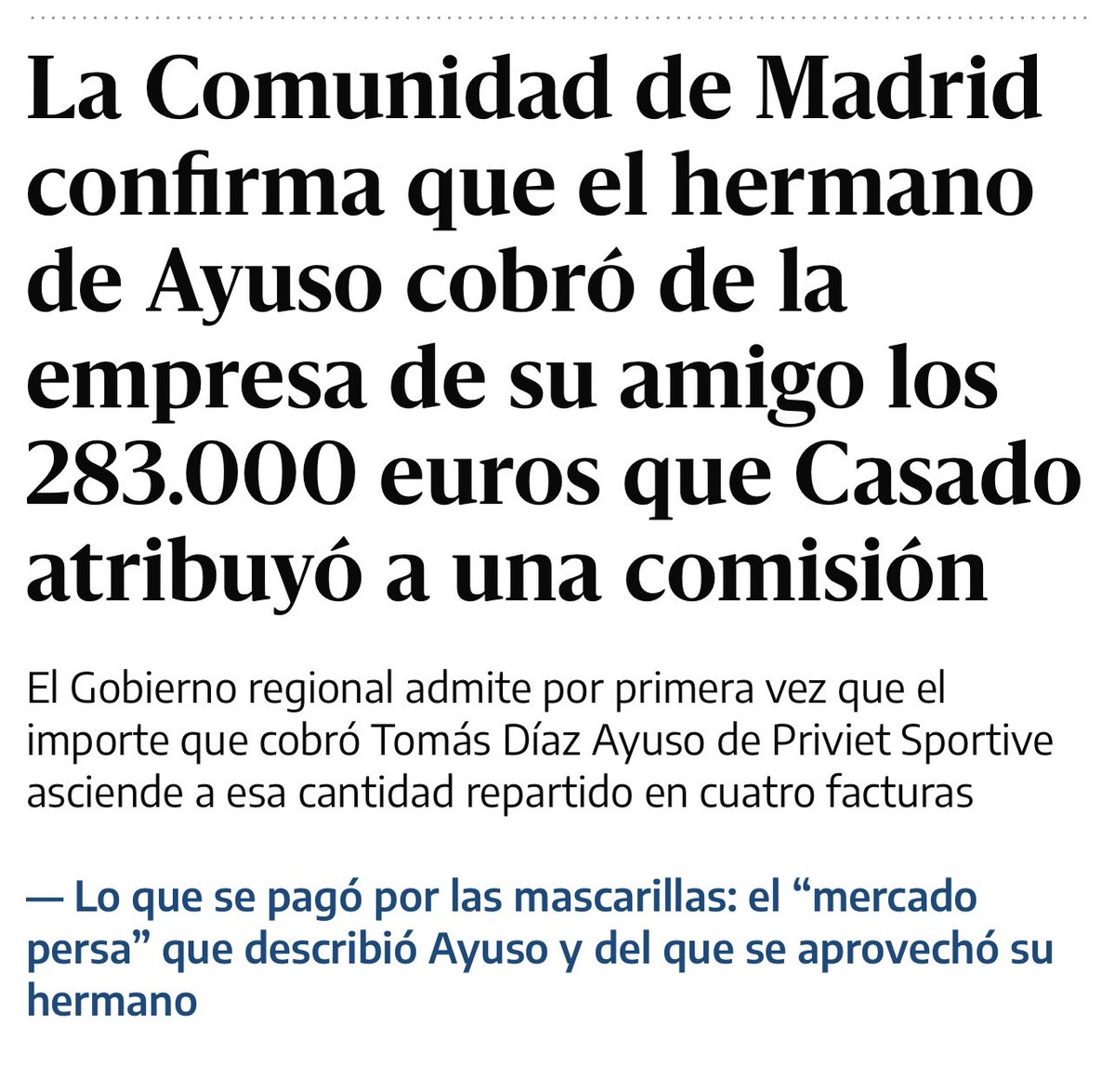 javiernegre10's tweet photo. Se acaba de desatar una campaña de manipulación informativa contra @IdiazAyuso colocando titulares engañosos que hacen creer que la @ComunidadMadrid pagó 283.000 euros al hermano de Ayuso, algo que es radicalmente falso. RT para aclarar esta patraña de Preescolar. https://t.co/8prTgFVAOf