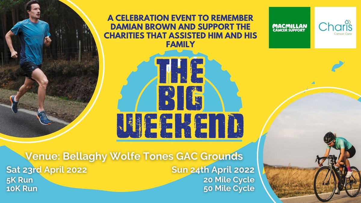 BellaghyGAC's tweet photo. Bellaghy GAC are proud to support The Big Weekend

A weekend of events to raise money for worthy charities &amp; remember our former player &amp; member, Damian Brown

🏃‍♀️🏃🏻5K/10K run
Sat 23rd April

🚴🏻🚴🏻‍♀️20mile/50mile cycle
Sun 24th April

Enter online:
https://t.co/rKWlVeGhdU https://t.co/GDNwfoq3qF