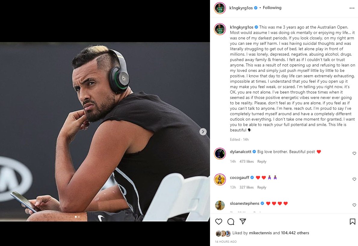 Nick Kyrgios, who has alluded to dark times in his career, wrote about them with some more detail today.