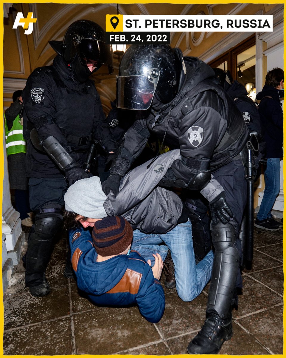 ajplus's tweet photo. Russian police arrested at least 1,600 people protesting against its deadly invasion of Ukraine.

At least 600 people were arrested in Moscow alone, defying a local ban on protests of any kind. One activist said: "I was detained on my way out of the house." https://t.co/X1dIMBK95b