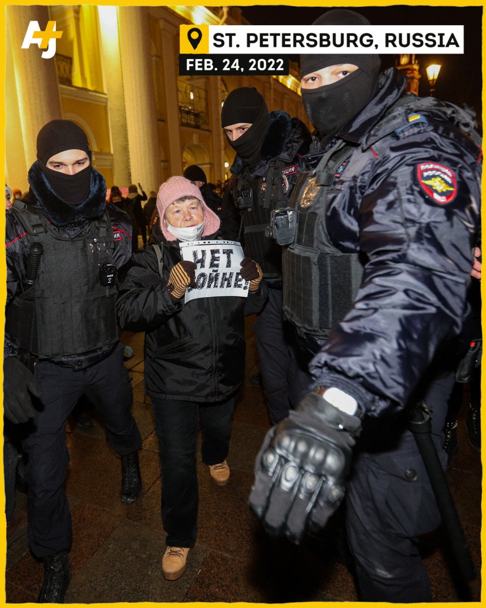 ajplus's tweet photo. Russian police arrested at least 1,600 people protesting against its deadly invasion of Ukraine.

At least 600 people were arrested in Moscow alone, defying a local ban on protests of any kind. One activist said: "I was detained on my way out of the house." https://t.co/X1dIMBK95b