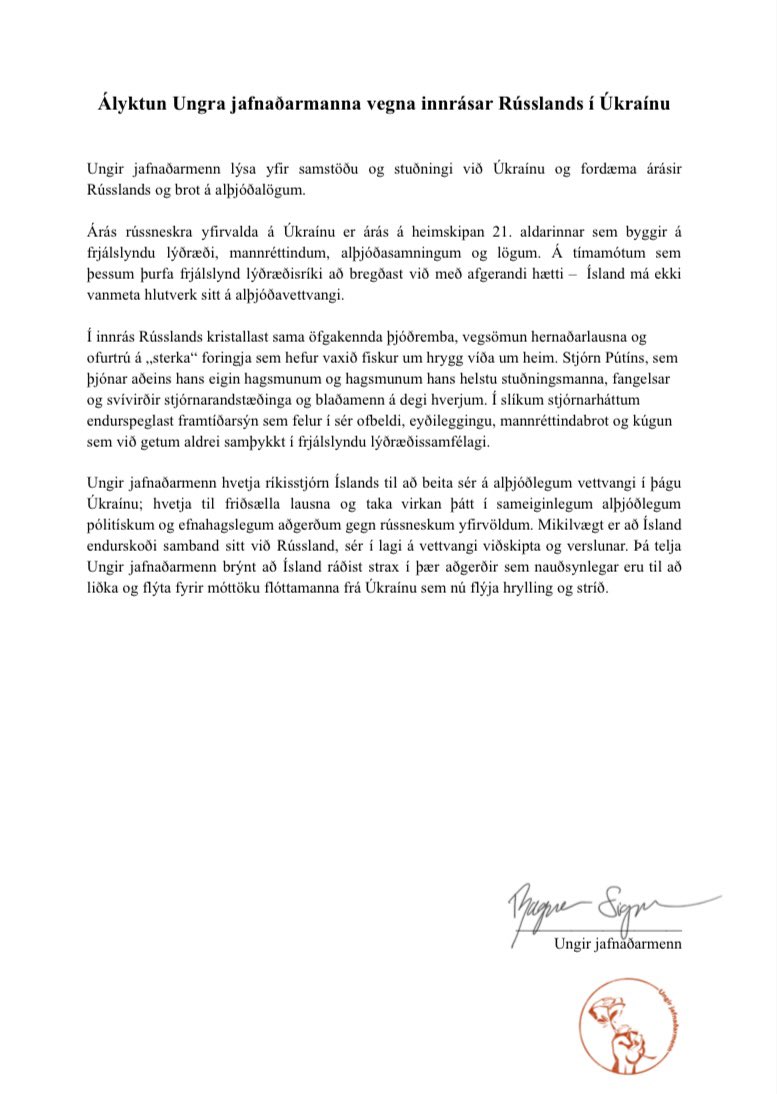 Ályktun Ungra jafnaðarmanna vegna innrásar Rússlands í Úkraínu