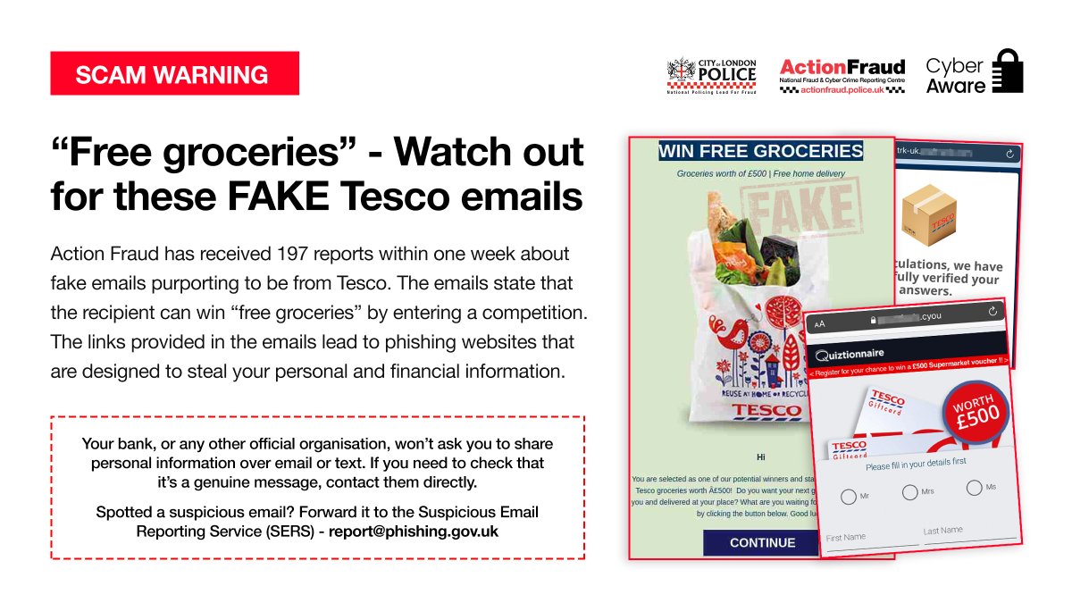 reportfrauduk's tweet photo. ⚠️SCAM: Watch out for FAKE emails claiming to be from Tesco. The emails ask the recipient to use the provided link in order to win "free groceries"

✅Report suspicious emails by forwarding them to: report@phishing.gov.uk

#PhishyFridays https://t.co/qEGe8ViDtz