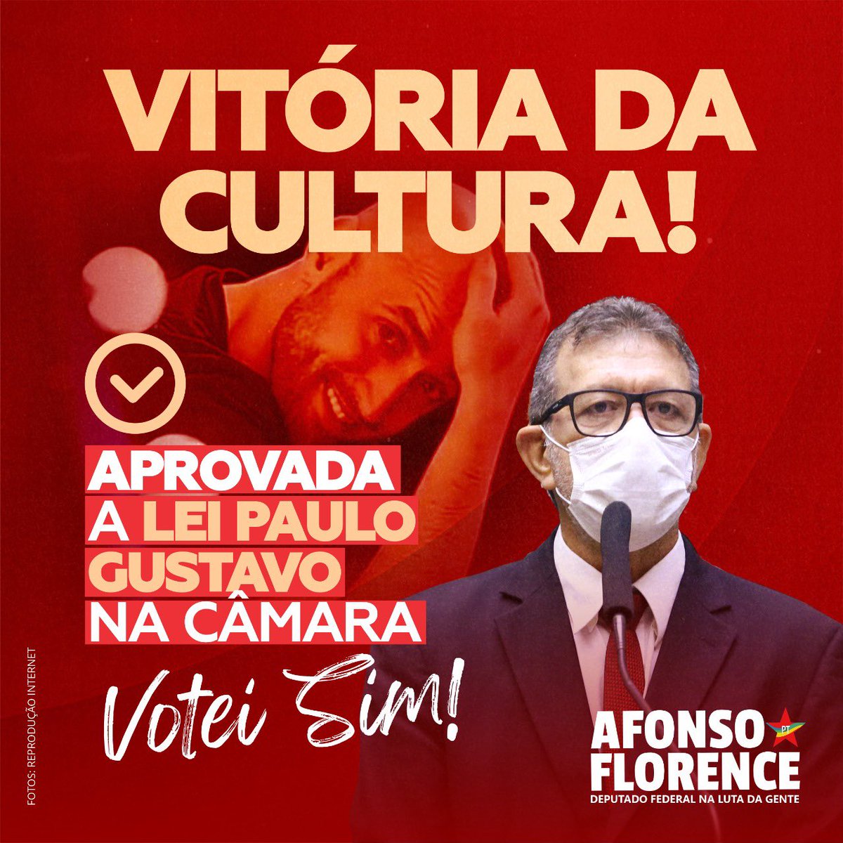AfonsoFlorence's tweet photo. Vitória da Cultura! 
Aprovada a Lei Paulo Gustavo que vai destinar mais de 3,8 bilhões para cultura. #VoteiSim
#LeiPauloGustavo https://t.co/l9JecHG4F8