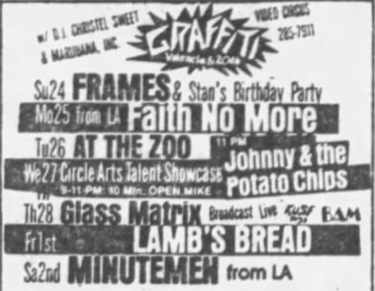 fnmlivedb's tweet photo. Faith No More
Monday, 25 February 1985
Graffiti, San Francisco, CA, USA
with Housecoat Project
https://t.co/vt0helIs2l https://t.co/itgxVqFOIh