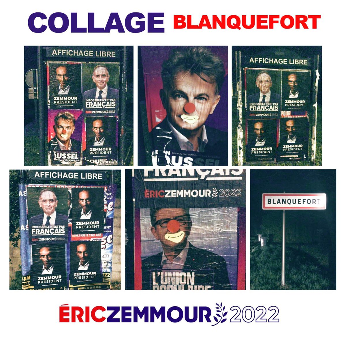 ReconqueteGIR's tweet photo. Collage et détournement fait par les #conquerants de #Blanquefort, qui collent sans relâche ! 😉😊💪🇫🇷🌿Les affiches @Reconquete2022 d’@ZemmourEric sont omniprésentes #ZemmourPresident #reconquete2022 #RECONQUETEZ0ZZ #ZemmourEric https://t.co/GXtGe2Y4Pp