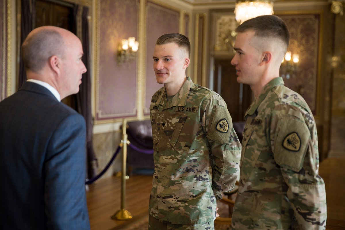 Spc. Ben Loomis and Spc. Jasper Good, Nordic Combined athletes assigned to the World Class Athlete Program, met with Spencer Cox, Governor of Utah; Maj. Gen. Michael Turley, The Adjutant General, Utah National Guard; and other senior leaders at the Utah State Capitol, Feb. 22.