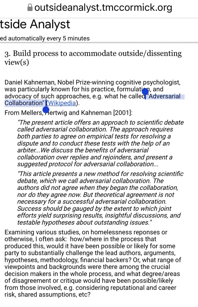 tmccormick's tweet image. part of #OutsideAnalyst proposal is: build into the process, parties who don&apos;t have same incentives &amp;amp; peers. Building on eg #Kahneman&apos;s concept of #adversarialcollaboration. Also, with a twist, on #AudreLorde&apos;s idea, &quot;the safe-house of difference&quot;. #safehouseofdifference