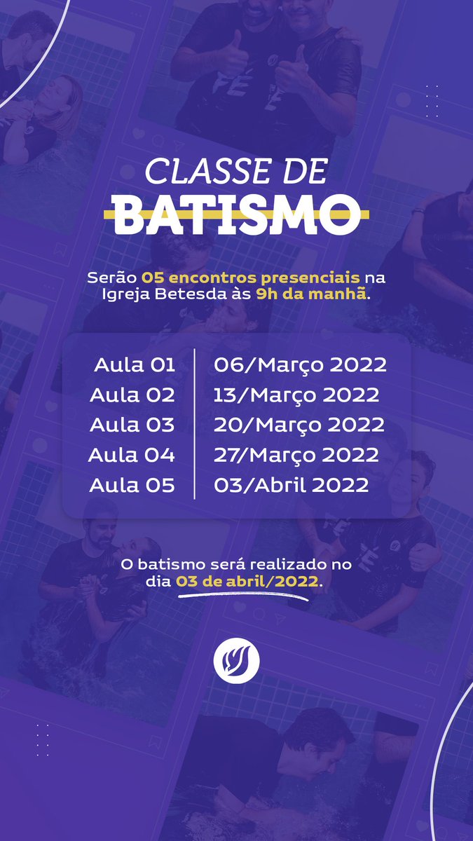 A Classe de Batismo inicia em 06/Março, caso você tenha interesse entre em contato através do nosso WhatsApp 11 95785-4213