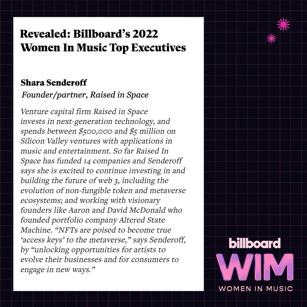 Shara Senderoff (@sharasenderoff) on Twitter photo Thank you, <a href="/billboard/">billboard</a>. ππ»π #womeninmusic
And shoutout <a href="/altstatemachine/">AlteredStateMachine</a> <a href="/aaronmcdnz/">captain.root</a> <a href="/dmcd_nz/">David McDonald</a> most honored to be on this journey with you. π§ π
bit.ly/3JPXTJs Thank you, <a href="/billboard/">billboard</a>. ππ»π #womeninmusic
And shoutout <a href="/altstatemachine/">AlteredStateMachine</a> <a href="/aaronmcdnz/">captain.root</a> <a href="/dmcd_nz/">David McDonald</a> most honored to be on this journey with you. π§ π
bit.ly/3JPXTJs