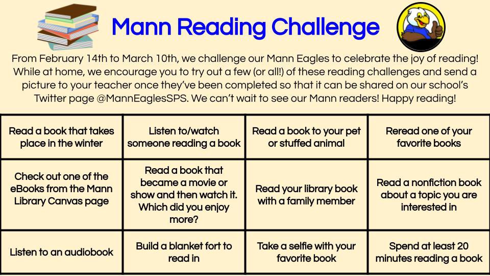 Eagles, today is the perfect day to cozy up with a good book and complete some of the Mann Reading Challenges! 📚❄️#SPSreads