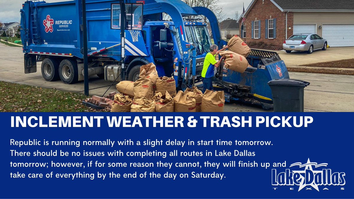 CityLakeDallas's tweet photo. All residents can expect for their trash to be picked up Friday, February 25. In the event your trash is not collected, please leave your bins out for a Saturday sweep! 
#lakedallas https://t.co/rXnBruNhr7