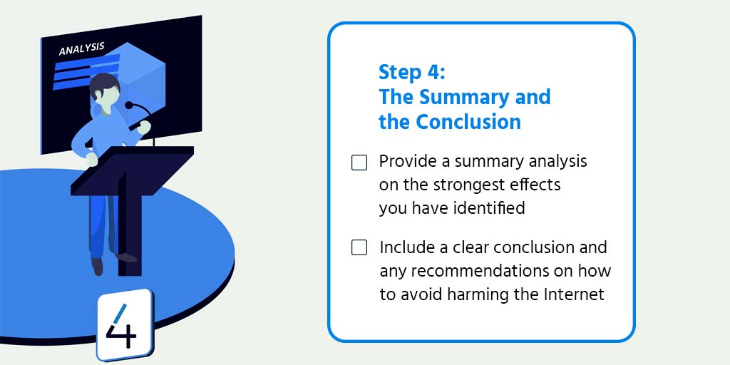 Step 4: The summary and the conclusion. Provide a summary analysis on the strongest effects you have identified. Include a clear conclusion and any recommendations on how to avoid harming the Internet. 