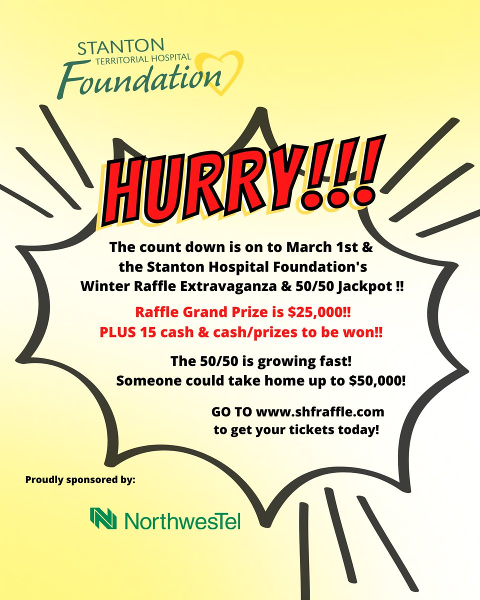 sthfoundation's tweet image. Don't miss out on the Stanton Territorial Hospital Foundation's annual Raffle/50/50 Fundraiser! 

Just over 4 days to purchase your tickets for a chance at winning BIG!! 

Go to shfraffle.com to purchase your tickets today!!