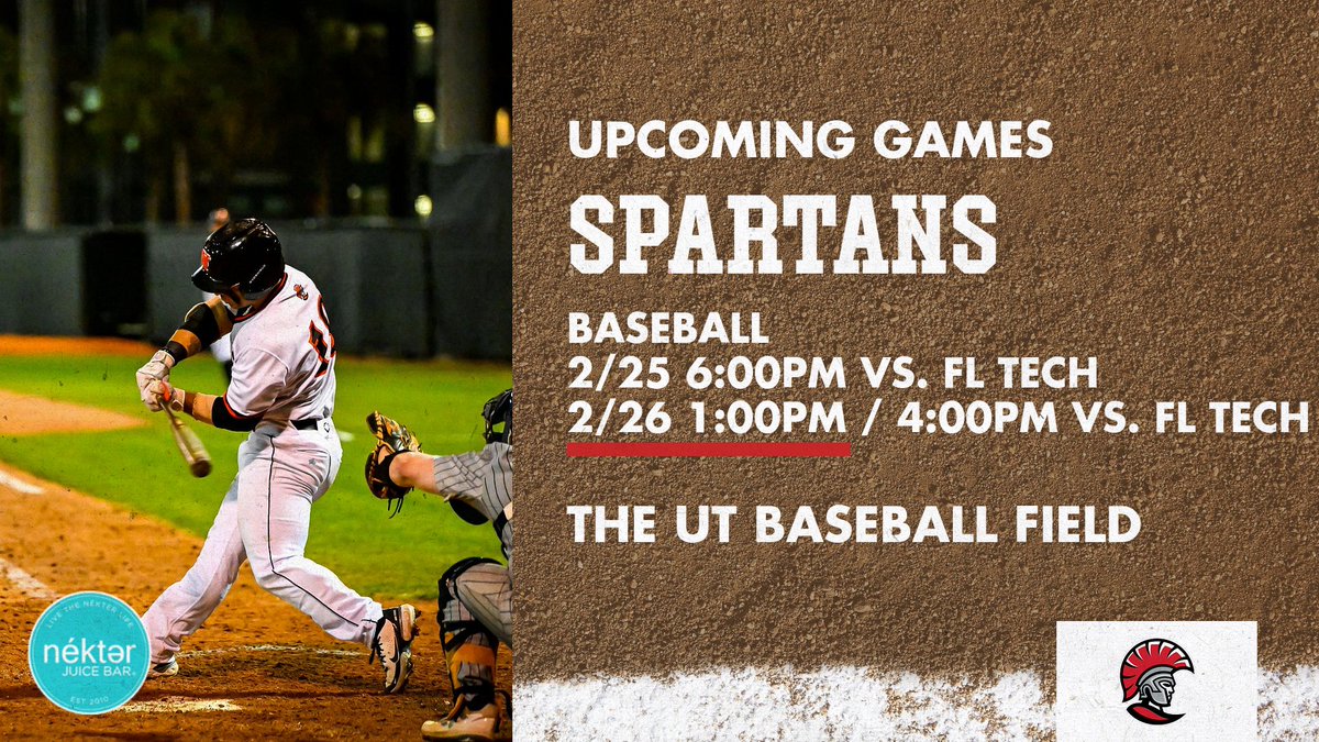 SpartacusUT's tweet photo. Hey baseball fans! Our Spartans will be hosting Florida Tech this weekend in a 3-game series. Come out and support the team tomorrow night at 6:00 PM and on Saturday at 1:00 PM and 4:00 PM! 

#StandAsOne🛡 #GoSpartans #UTBaseball https://t.co/zrnQe0pi1E