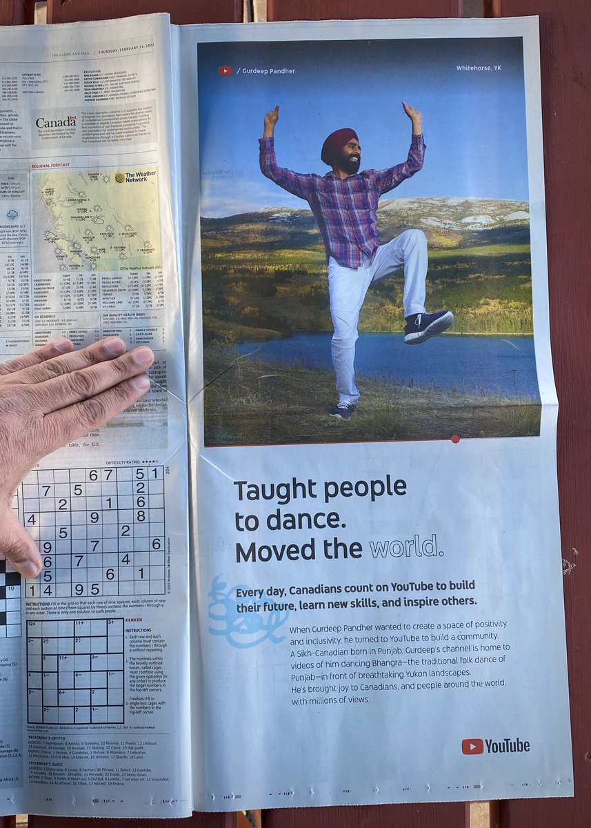 GurdeepPandher's tweet photo. I am honoured to on a full page of The Globe and Mail today. Thanks to @YouTube for this warm gesture 🙏🏽 https://t.co/yOkUYHeeyn