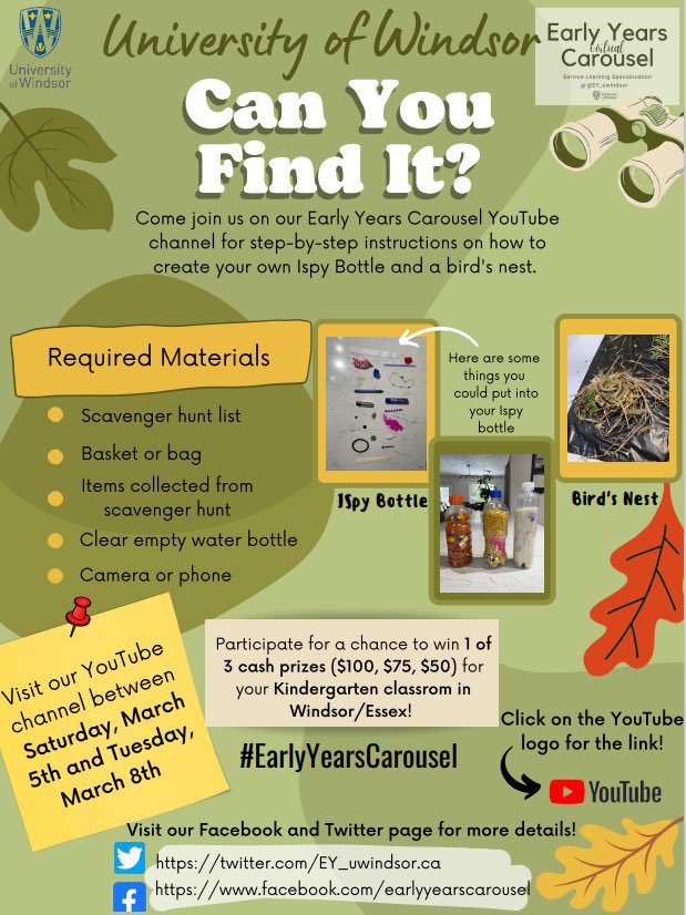 Only 9 more days left until the 3rd Annual Early Years Carousel! Can’t wait to see you at “Can You Find It?” where you will have the chance to create your own ISpy bottle and a bird’s nest. How exciting 😀!!! @EY_uwindsor