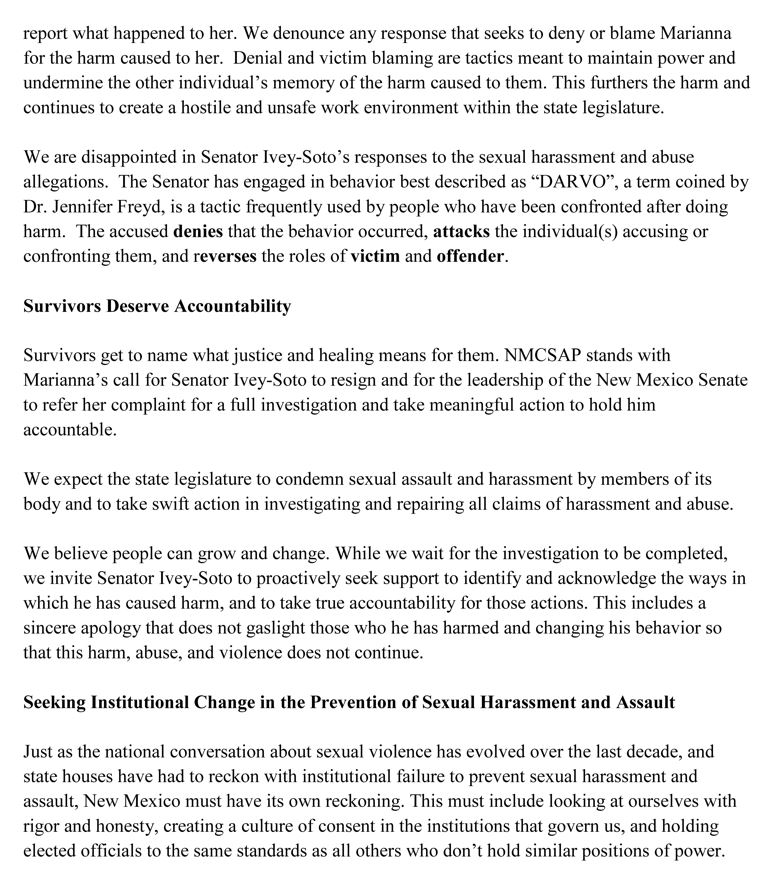 endsvNM's tweet photo. On February 22, an open letter written by lobbyist Marianna Anaya to Senator Daniel Ivey-Soto detailing accounts of sexual harassment and abuse was released by the press.  #nmpol #nmleg

Read our full response here: https://t.co/P61cwX1Zt5