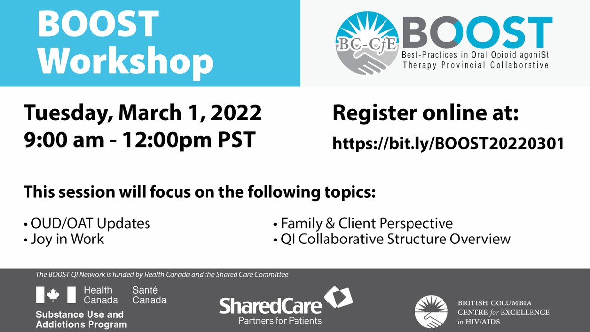 Our #BOOSTqi Network is hosting an open workshop March 1st from 9am-12pm. The event will review #OUD/OAT best practices, strategies to support joy in work and reflect on the role of stigma in accessing and providing care.

Visit stophivaids.ca/event/boost-wo… to learn more and register.