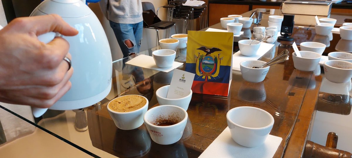 #MásEcuadorEnElMundo🌎| Más de 70 renombrados tostadores, baristas y expertos europeos participaron hoy en una cata virtual de cafés de especialidad ecuatorianos☕️🇪🇨 desde Italia🇮🇹, quienes degustaron muestras de café de las provincias de Galápagos, Imbabura, Loja y Pichincha.