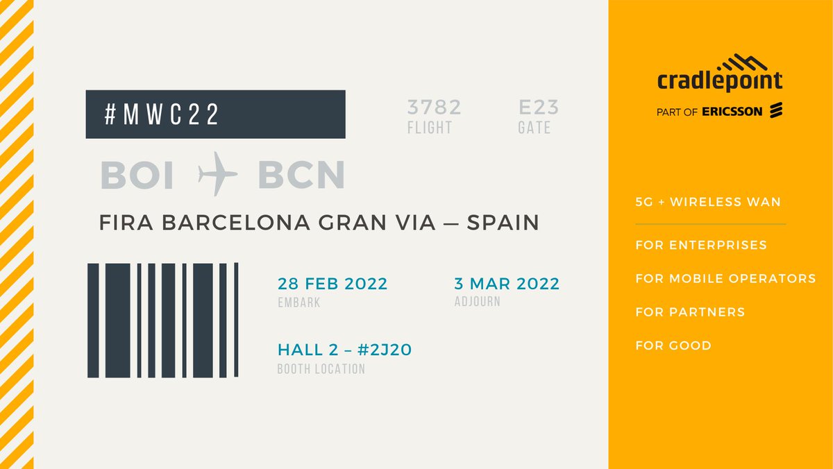 jsfarq's tweet photo. Cradlepoint is looking forward to being on site in Barcelona. If you are attending #MWC22 and strolling through Hall 2, please do swing by booth 2J20, say hi, and explore the latest in 5G and #WirelessWANs. We're bringing our A team! https://t.co/CoahuonUBh