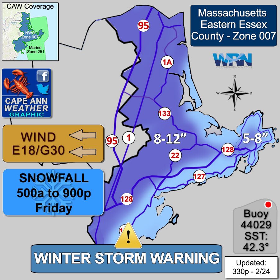 CapeAnnWeather's tweet photo. ❄️ ⚠️ Winter Storm Warning in effect midnight tonight until midnight Friday.

#Gloucester #Newburyport #EssexMA #RockportMA #ManchesterBTS #SalemMA #Hamilton #Wenham #Ipswich #Rowley #Beverly #EEssexCounty 

#capeannwx is on FB (13.5k followers) https://t.co/L4t1WVhr74