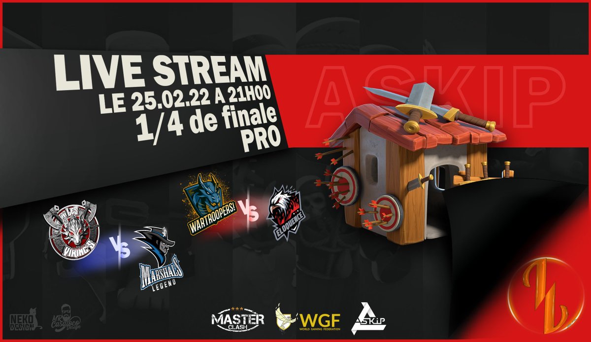Les 1/4 de finale de nos ligues mixtes ont démarré ce soir, retrouvez 2 matchs de la ligue Pro sur la chaine de <a href="/LEXoffi/">LEX</a> demain soir🙏 : <a href="/LesVikingsCoC/">Les Viking's</a> vs <a href="/MarshalsFamily/">Marshals'Family</a> et Wartroopers vs <a href="/EloquenceCoc/">Éloquence_coc</a> 
Merci à <a href="/N3ko_designer/">Neko design</a> et <a href="/MrCasaLoco/">Mr. Casa Loco</a> pour nos visuels