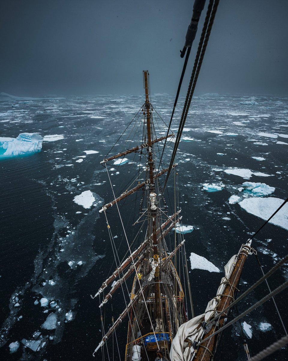 benjaminhardman's tweet photo. Pushing through the ice to 65° 14.7’S, marking the furthest point south on our expedition. Exploring the polar landscape on a tall ship really feels like going back in time, it was totally surreal. https://t.co/VDpljHiyQa