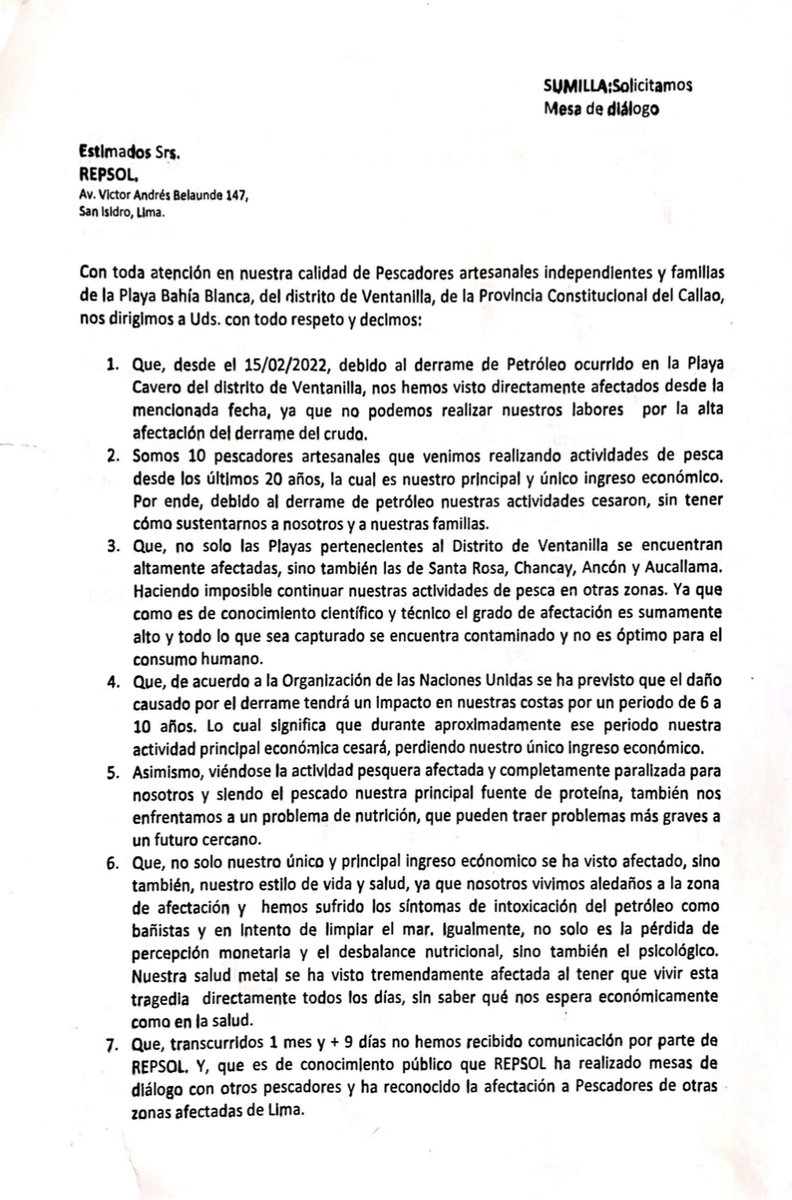cuidandoseres's tweet photo. 10 pescadores independientes de la playa Bahía Blanca, Ventanilla SOLICITAN a @Repsol se comunique oficialmente y acceda a una mesa de diálogo en la mayor brevedad posible. Esperamos comunicación. #repsolperu https://t.co/Ar7Ygf0kUR