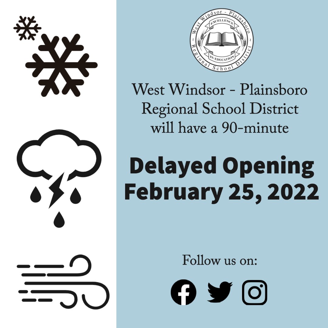 Due to impending icy conditions beginning tonight into tomorrow, all #WWP schools &amp; board offices will have a 90-minute delayed opening on Feb. 25, 2022. AM preschool is canceled. For delayed opening times, go to bit.ly/33SVoH6.
