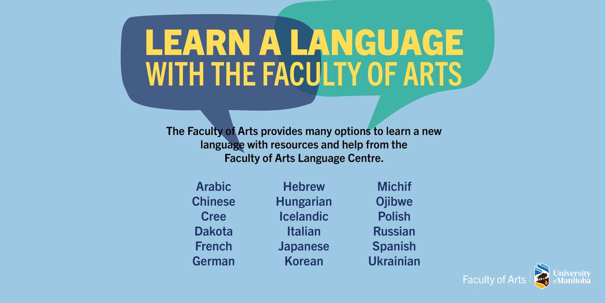 UMArtsFaculty's tweet photo. Is language your thing? The Faculty of Arts has many languages courses to offer!

The Faculty of Arts Language Centre helps provide students with extra support and resources to get the most out of their language classes.

Give them a follow @UMLanguageCtr
#StartAtArts #UManitoba https://t.co/8Z0KTNOQu8