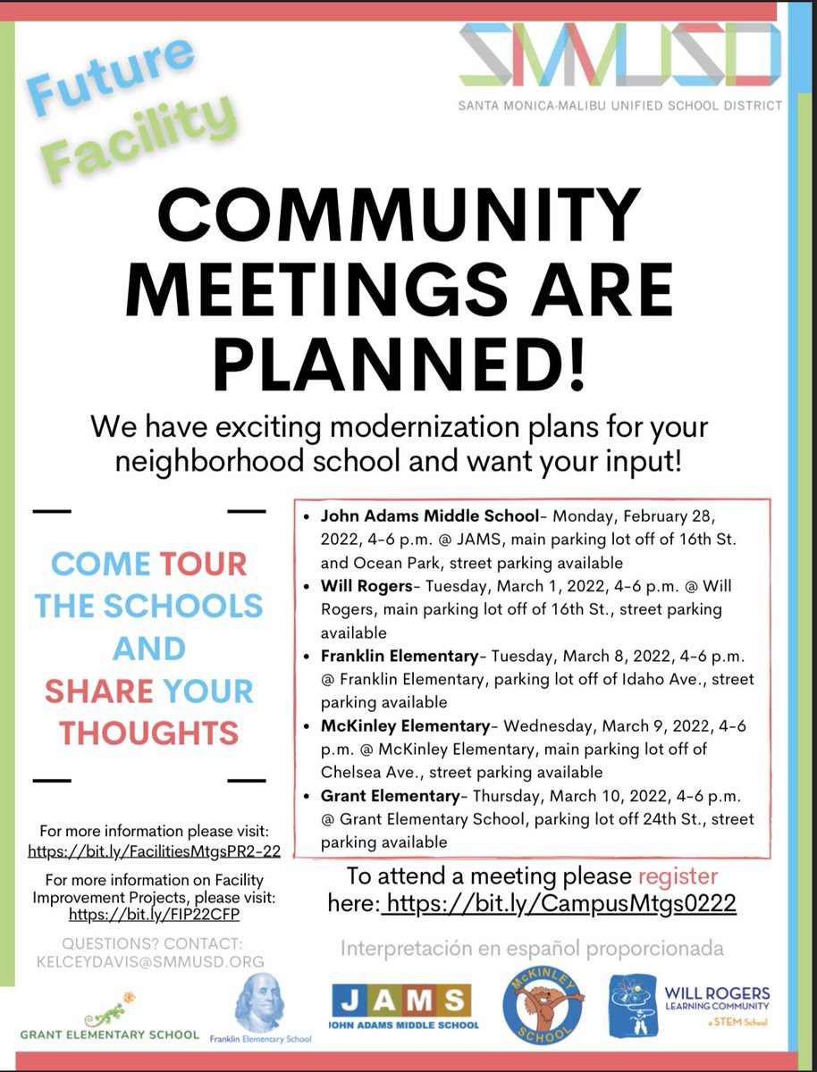 SmmusdC's tweet photo. Please join us next week at JAMS and Will Rogers! We have exciting modernization plans and want your input! #smmusd #schoolconstruction #communitymeetings #santamonica https://t.co/1Ak87Pr9DQ