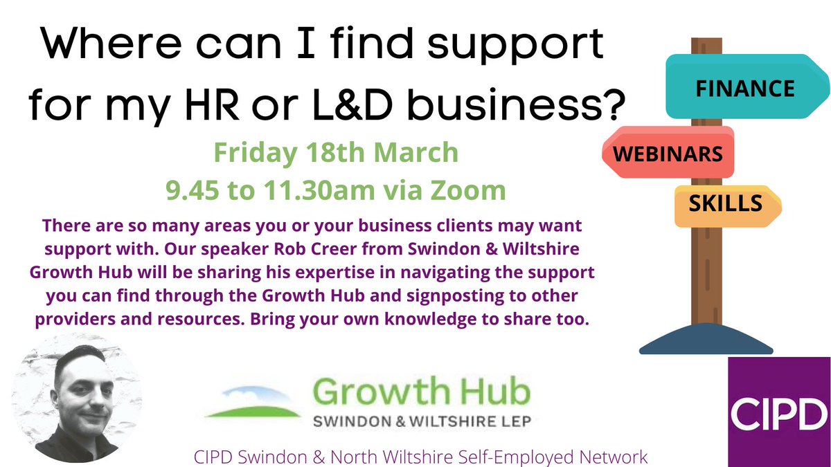 Join our Self Employment Network for an event on Friday, 18 March 2022 at 9:45 am - 11:30 am with special guest Rob Creer from the Swindon &amp; Wiltshire Growth Hub - 'Where can I find support for my HR or L&amp;D business? Register here: lnkd.in/dip5dn8P